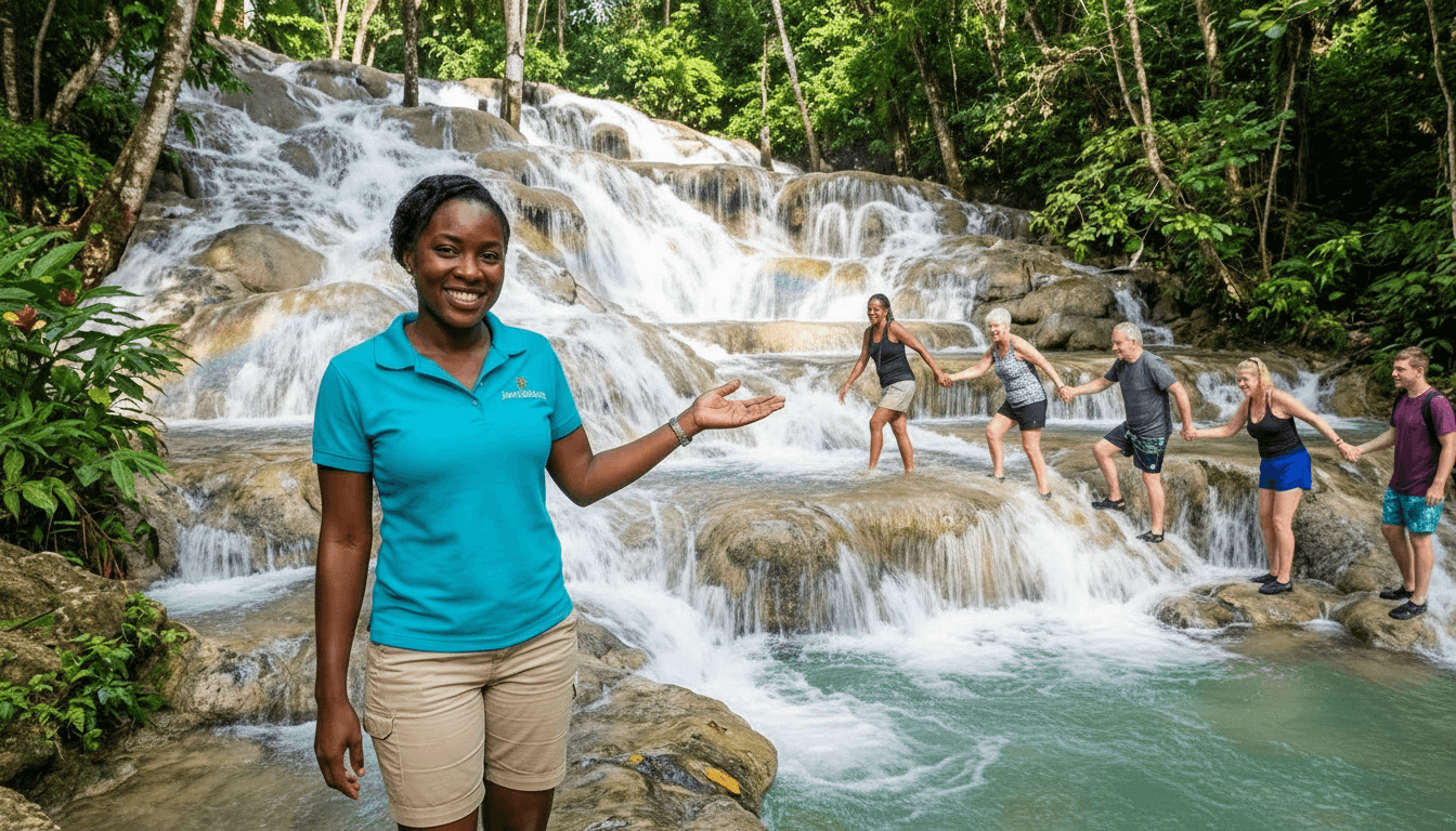 JamVenture guide leading visitors climbing Dunn’s River Falls in Ocho Rios, one of the best things to do in Jamaica in 2026