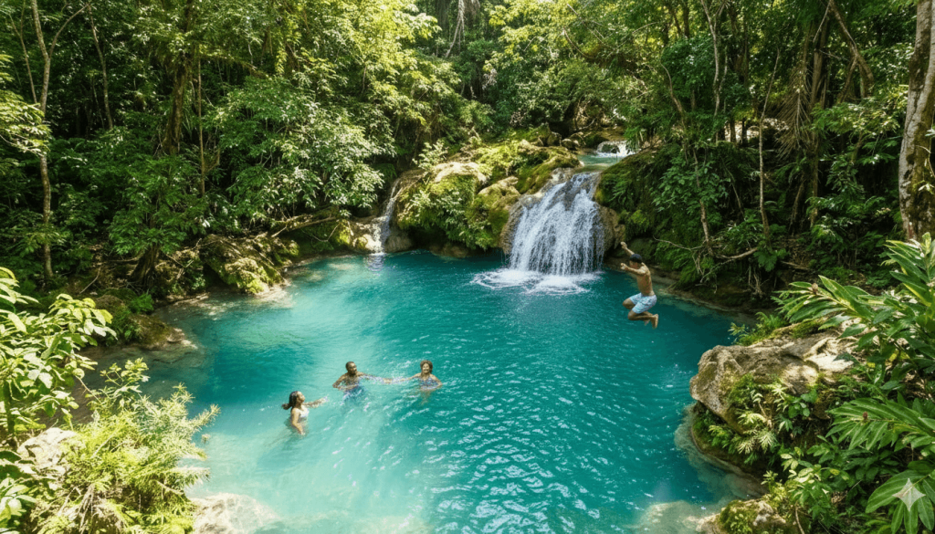 Visitors swimming and cliff jumping at Blue Hole Secret Falls near Ocho Rios on a JamVenture excursion