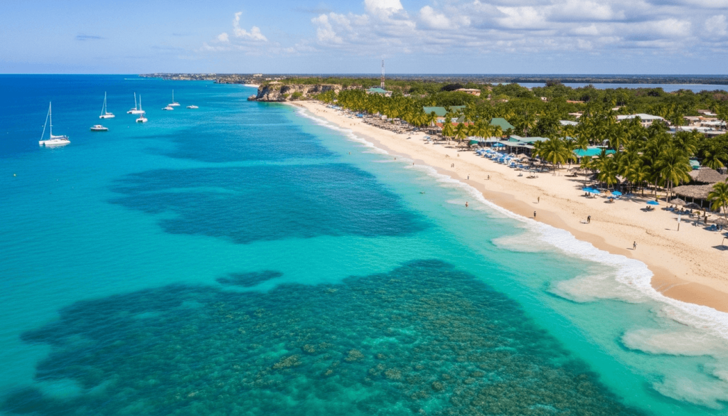 Aerial view of a Jamaican beach with clear blue water and resorts operating normally in 2026