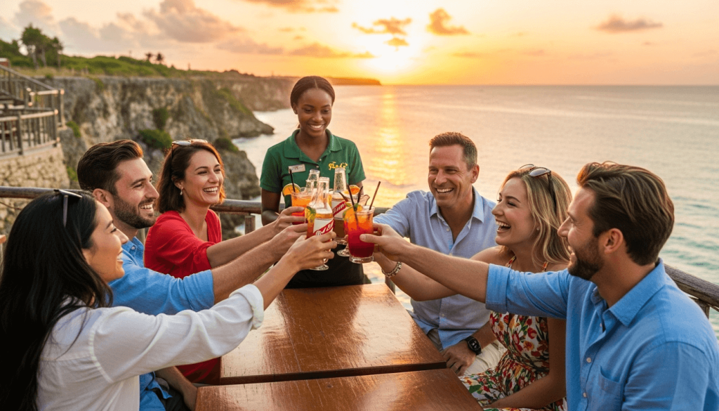 Tourists enjoying drinks at a cliffside restaurant in Jamaica at sunset, showing safe and open travel experiences in 2026