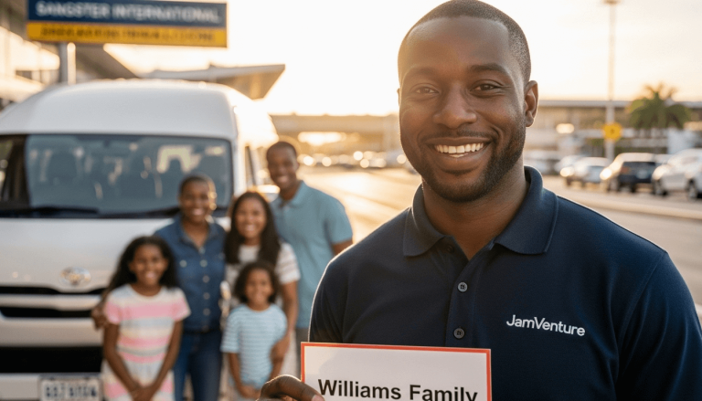 Montego Bay airport transfer with JamVenture driver welcoming a family at Sangster International Airport