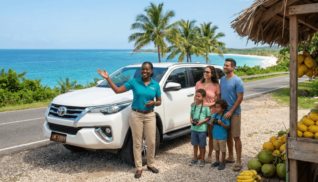 Family standing beside a white SUV with a JamVenture private driver along a scenic Jamaican coastal road, representing the benefits of choosing a private driver over renting a car in Jamaica.