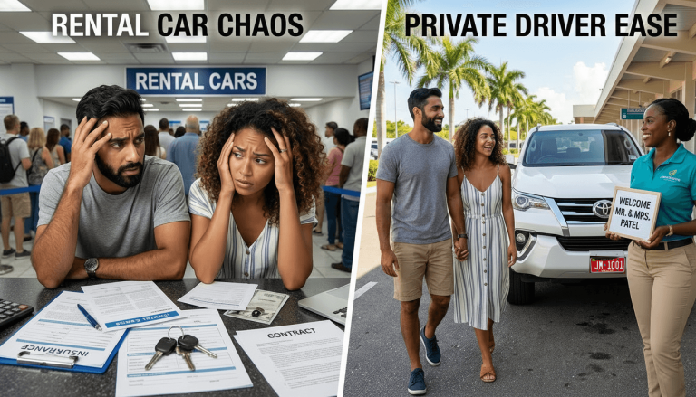 Split image showing stressed travelers dealing with paperwork at a rental car counter contrasted with happy visitors welcomed by a JamVenture private driver in Jamaica, illustrating Rent a Car vs Private Driver Jamaica.