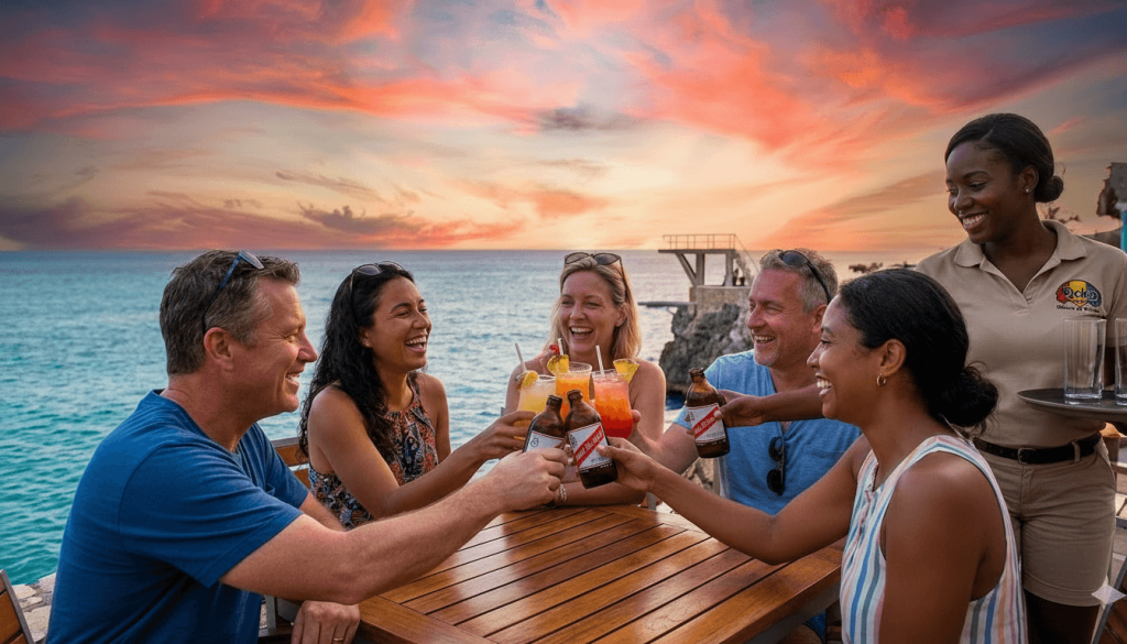 Tourists enjoying drinks and sunset views at Rick’s Cafe in Negril, Jamaica with JamVenture