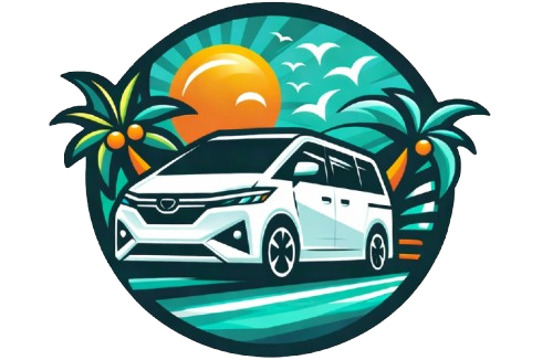 Vector illustration of a white minivan with tropical sunset and palm trees, isolated on a transparent background
