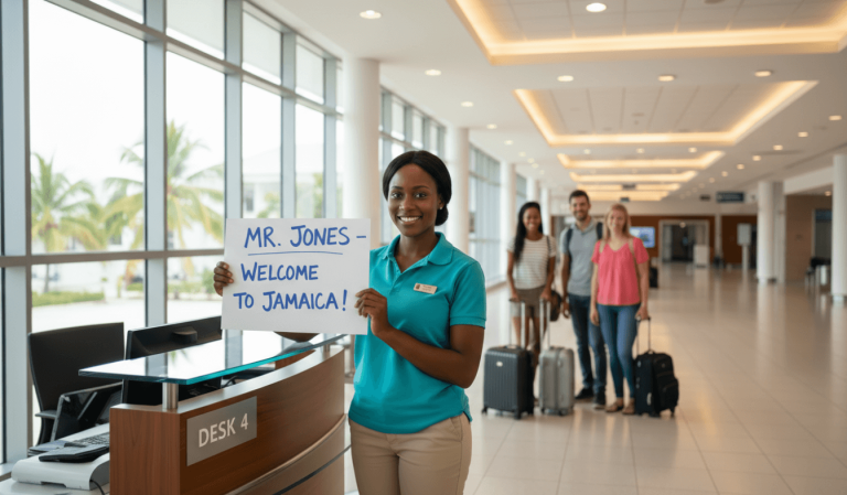 mbj-airport-arrival-desk-4 at Sangster International Airport with JamVenture local guide holding welcome sign for arriving guest